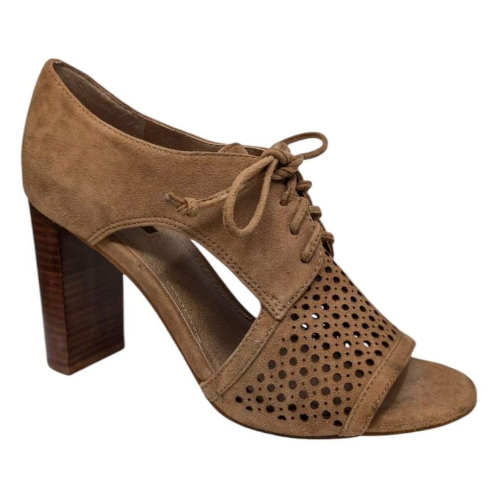 Tahari Megyn Suede Heels Womens Brown Perforated Leather Lace Up Peep Toe Sz 7.5